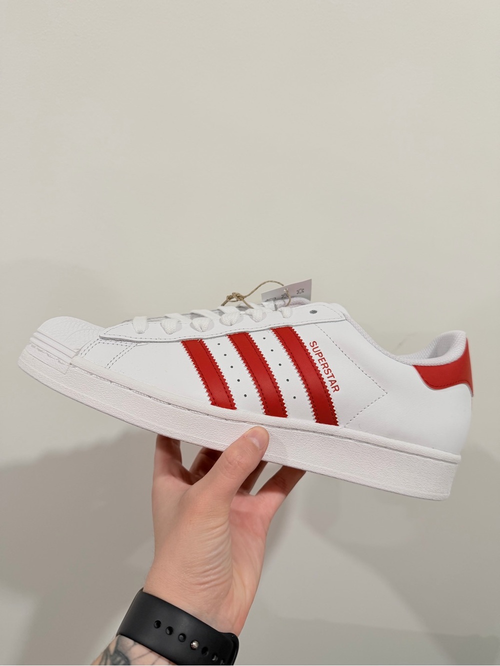 adidas Men’s Superstar Sneaker - White with Red Accents Size 10.5